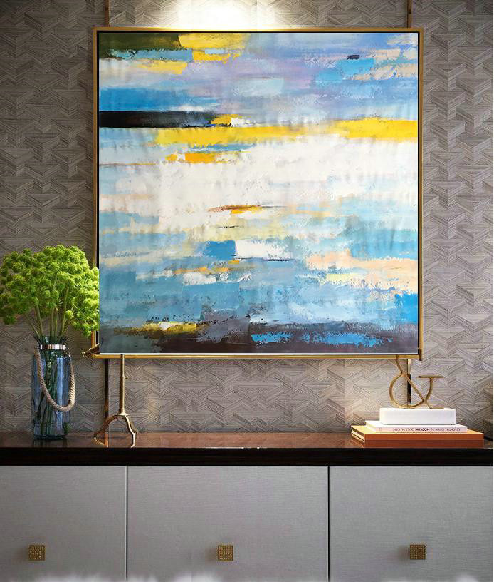 Large Abstract Painting On Canvas,Oversized Contemporary Art,Hand Painted Acrylic Painting,White,Blue,Yellow.etc